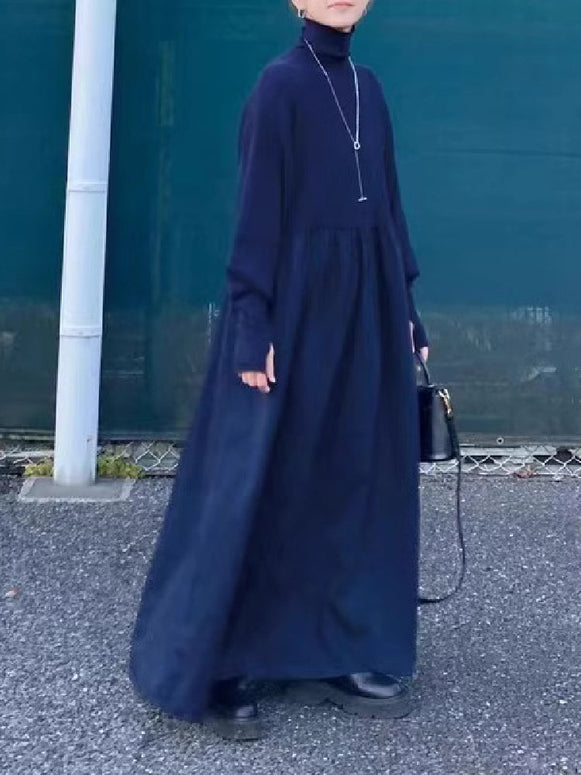 4色展開 ハイネック ワンピース レディース ロング丈 ニット切替 異素材 ドッキングワンピース ゆったり 体型カバー シンプル 無地 長袖 カジュアル 大人可愛い 秋冬コーデ エレガント 通勤 通学 お出かけ 韓国風 ファッション ID1667