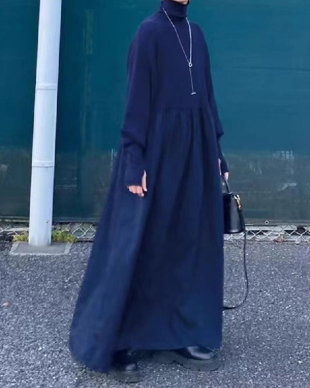 4色展開 ハイネック ワンピース レディース ロング丈 ニット切替 異素材 ドッキングワンピース ゆったり 体型カバー シンプル 無地 長袖 カジュアル 大人可愛い 秋冬コーデ エレガント 通勤 通学 お出かけ 韓国風 ファッション ID1667