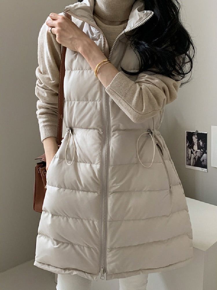 「年に一度の大放出」ロング ダウンベスト レディース 中綿ベスト ウエスト絞り デザイン 軽量 暖かい おしゃれ 通勤 カジュアル 秋冬 新作 ID2091