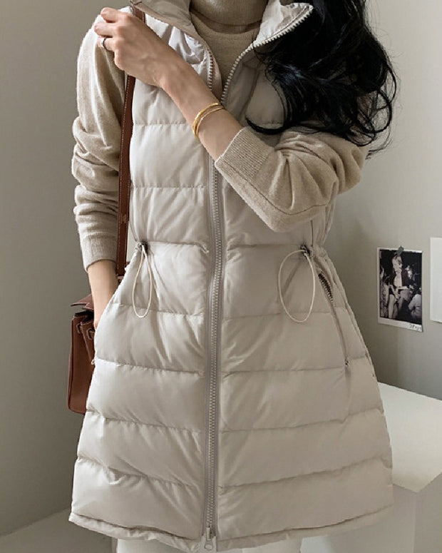 「年に一度の大放出」ロング ダウンベスト レディース 中綿ベスト ウエスト絞り デザイン 軽量 暖かい おしゃれ 通勤 カジュアル 秋冬 新作 ID2091