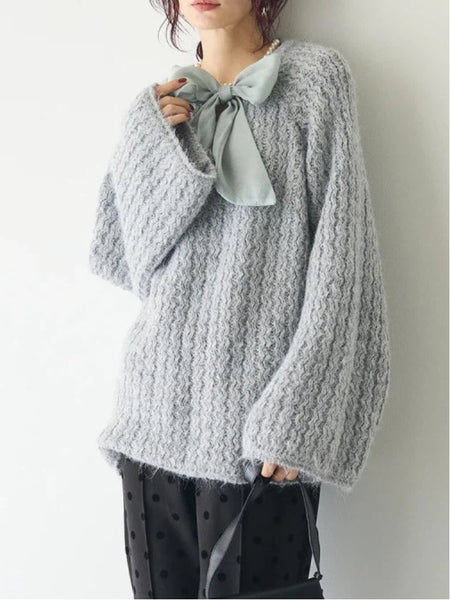 リボン付き ニット セーター レディース フェザーニット ふわふわ ゆったり かわいい ガーリー エレガント 秋冬 新作 ID2118