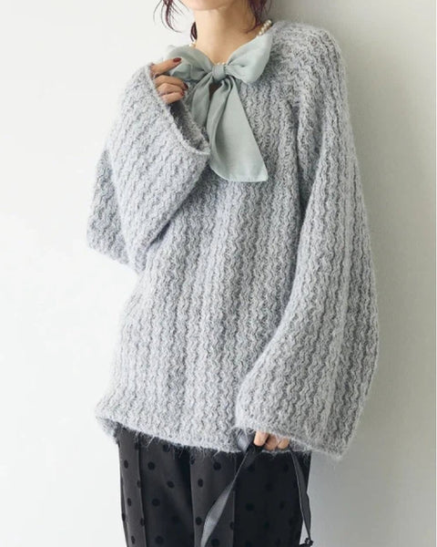 リボン付き ニット セーター レディース フェザーニット ふわふわ ゆったり かわいい ガーリー エレガント 秋冬 新作 ID2118