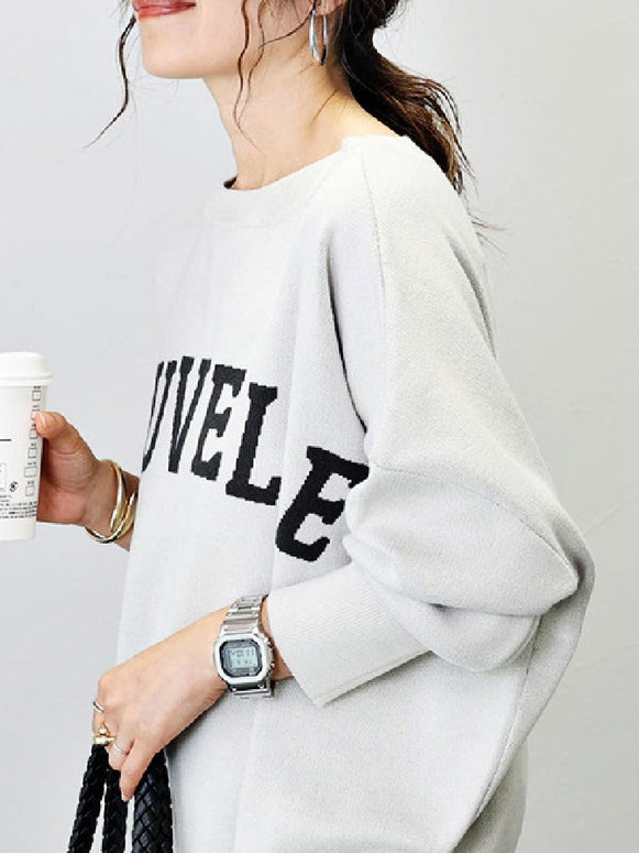 ロゴニット レディース クルーネック 長袖 プルオーバー カジュアル 大人可愛い シンプル おしゃれ ニットトップス 秋 ID1123