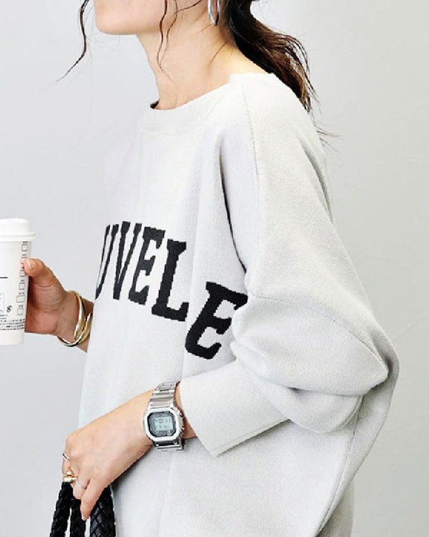 ロゴニット レディース クルーネック 長袖 プルオーバー カジュアル 大人可愛い シンプル おしゃれ ニットトップス 秋 ID1123