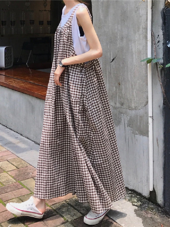 2色展開 ゆったりシルエット オールインワン サロペット ワイドパンツ レディース チェック柄 ポケット付き 体型カバー 春夏秋 ID1126