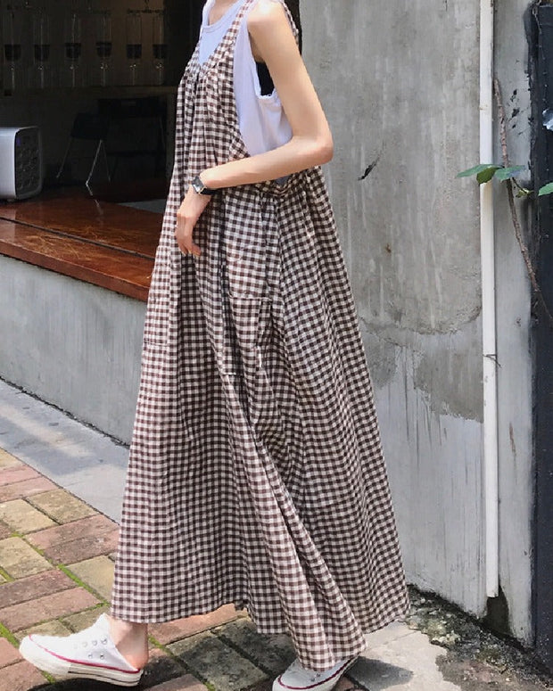 2色展開 ゆったりシルエット オールインワン サロペット ワイドパンツ レディース チェック柄 ポケット付き 体型カバー 春夏秋 ID1126