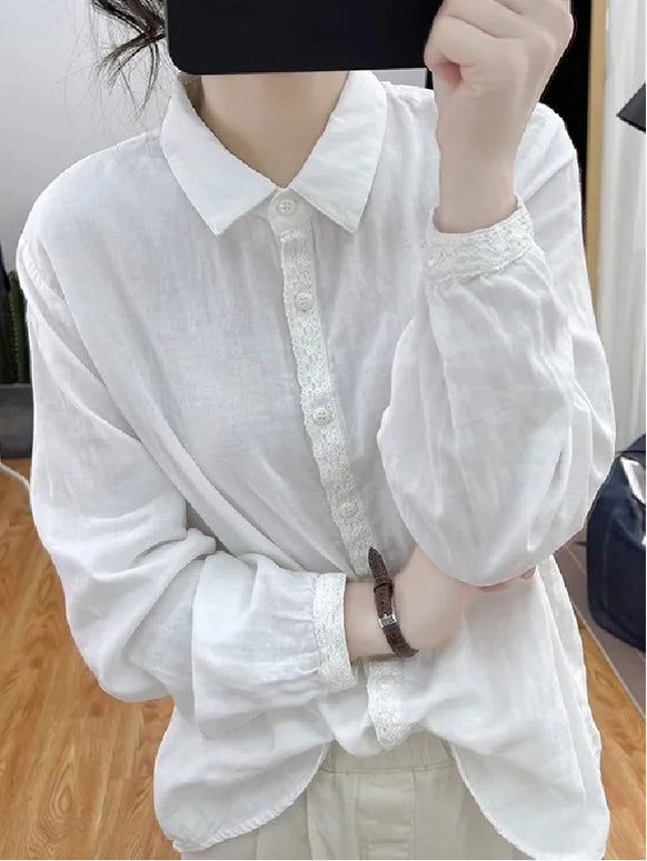 3色展開 シャツ レディース 長袖 綿麻 レースデザイン シンプル 無地 ゆったり 体型カバー インナー カジュアル 春夏秋 ID1433