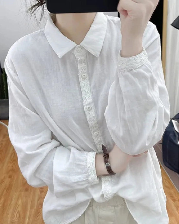 3色展開 シャツ レディース 長袖 綿麻 レースデザイン シンプル 無地 ゆったり 体型カバー インナー カジュアル 春夏秋 ID1433