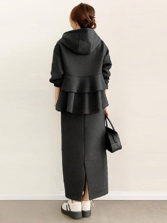 セットアップ レディース フード付き パーカー＋ロングスカート 2点セット カジュアル シンプル 上品 きれいめ 体型カバー 通勤 通学 大人女子 秋冬 新作 ID1982