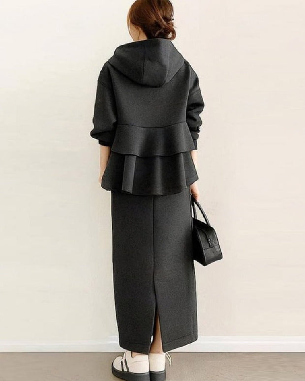 セットアップ レディース フード付き パーカー＋ロングスカート 2点セット カジュアル シンプル 上品 きれいめ 体型カバー 通勤 通学 大人女子 秋冬 新作 ID1982