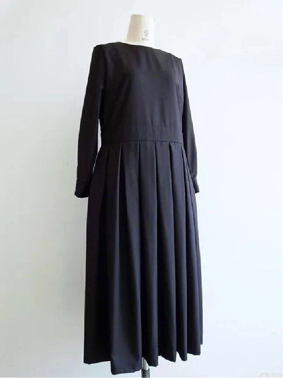 ワンピース レディース ロング丈 圧褶スカート 高見え ラウンドネック 長袖 きれいめ 通勤 上品 フォーマル 体型カバー S~L対応 春秋 新作 ID1120