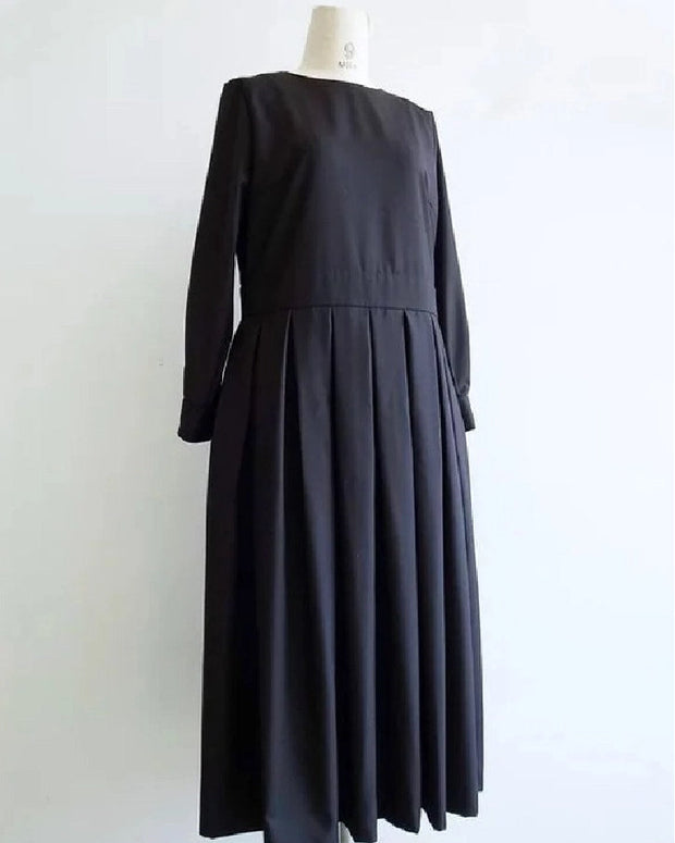 ワンピース レディース ロング丈 圧褶スカート 高見え ラウンドネック 長袖 きれいめ 通勤 上品 フォーマル 体型カバー S~L対応 春秋 新作 ID1120