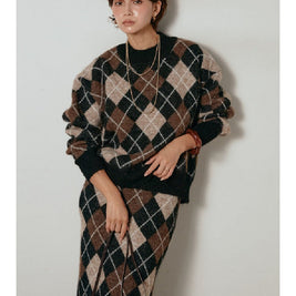 アーガイル柄 ニットセットアップ レディース 長袖 プルオーバー ニットトップス＋ロングスカート 2点セット 体型カバー 大人カジュアル 上品 きれいめ 秋冬 新作 ID2011