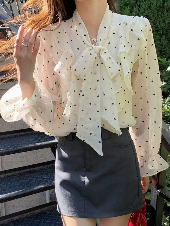 清楚系 フリル ドット柄 ブラウス レディース 長袖 上品 シアー感 オフィスカジュアル フェミニン おしゃれ 通勤 ID1461