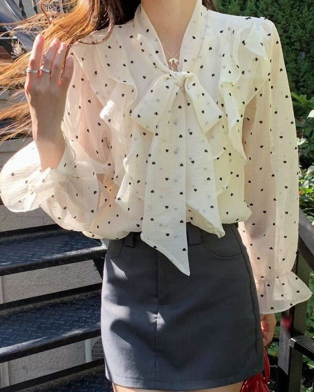 清楚系 フリル ドット柄 ブラウス レディース 長袖 上品 シアー感 オフィスカジュアル フェミニン おしゃれ 通勤 ID1461