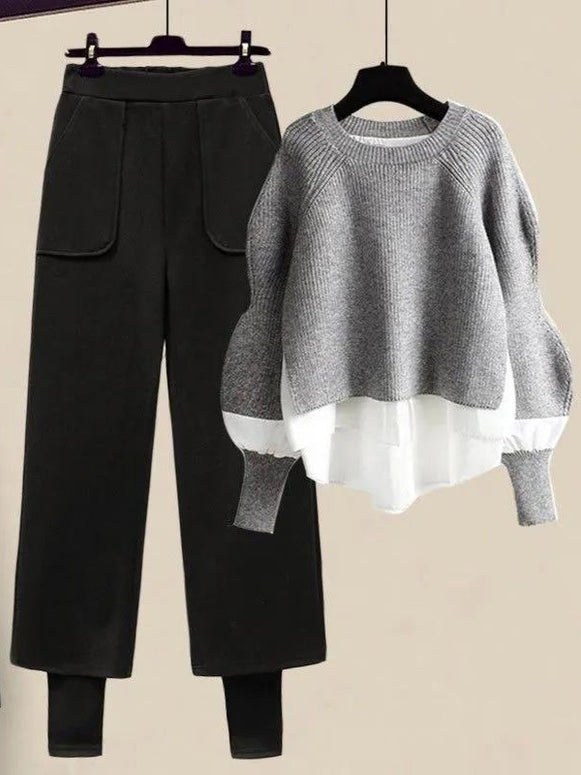 2点セット ニットトップス + ワイドパンツ レディース 体型カバー ゆったり 楽ちん おしゃれ セットアップ カジュアル デイリー 通勤 通学 秋冬 コーデ完成 上下セット ID2216