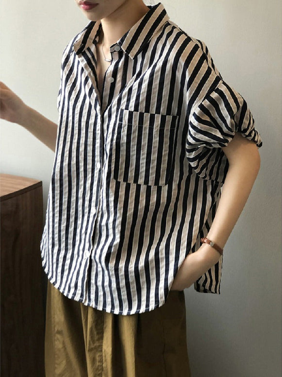 ID788 2色展開 ストライプ柄 シャツ レディース 五分袖 バルーンスリーブ ゆったり ショート丈 高見え トップス 夏 カジュアル