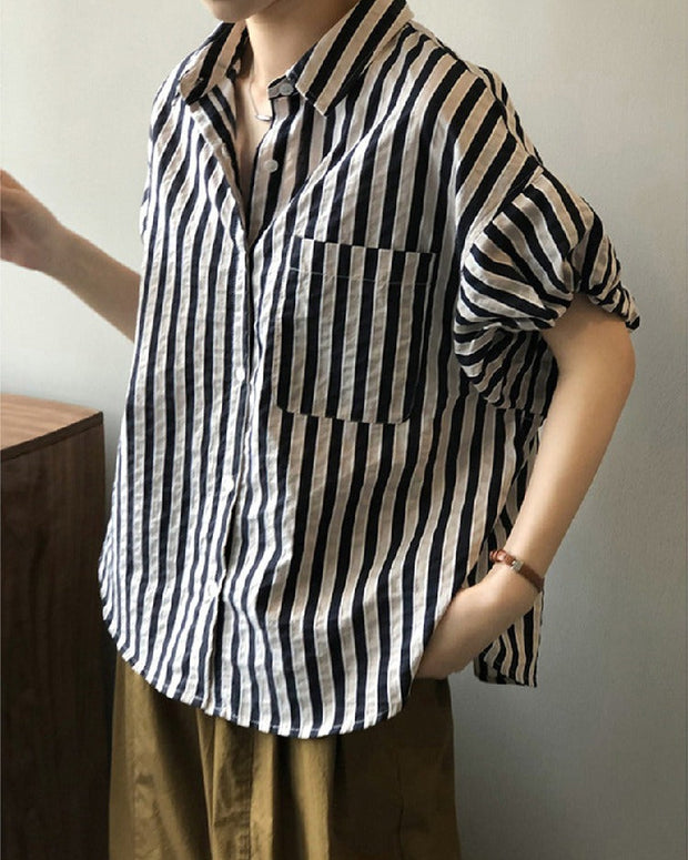 ID788 2色展開 ストライプ柄 シャツ レディース 五分袖 バルーンスリーブ ゆったり ショート丈 高見え トップス 夏 カジュアル