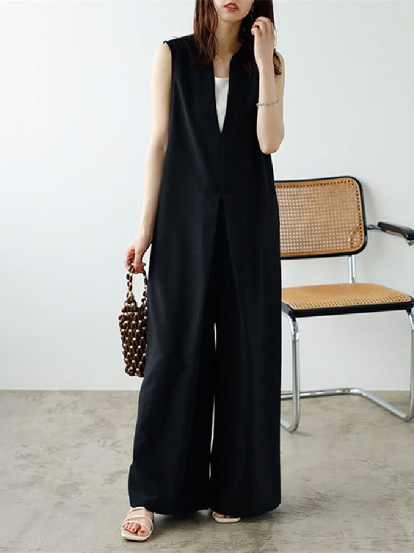 ID758 ノースリーブ オールインワン レディース Vネック ワイドパンツ ゆったり シンプル 体型カバー カジュアル 夏用 ロング丈