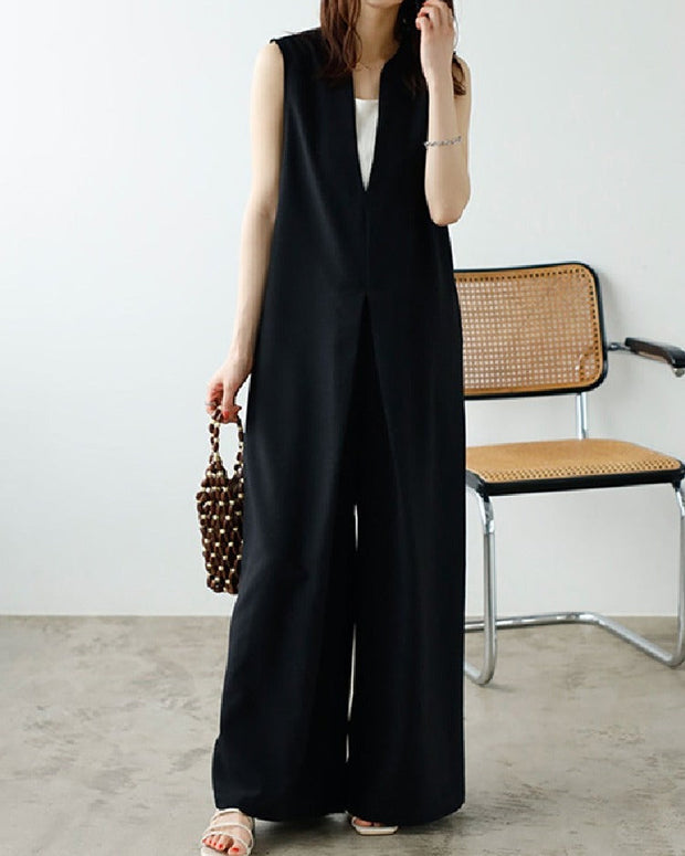 ID758 ノースリーブ オールインワン レディース Vネック ワイドパンツ ゆったり シンプル 体型カバー カジュアル 夏用 ロング丈