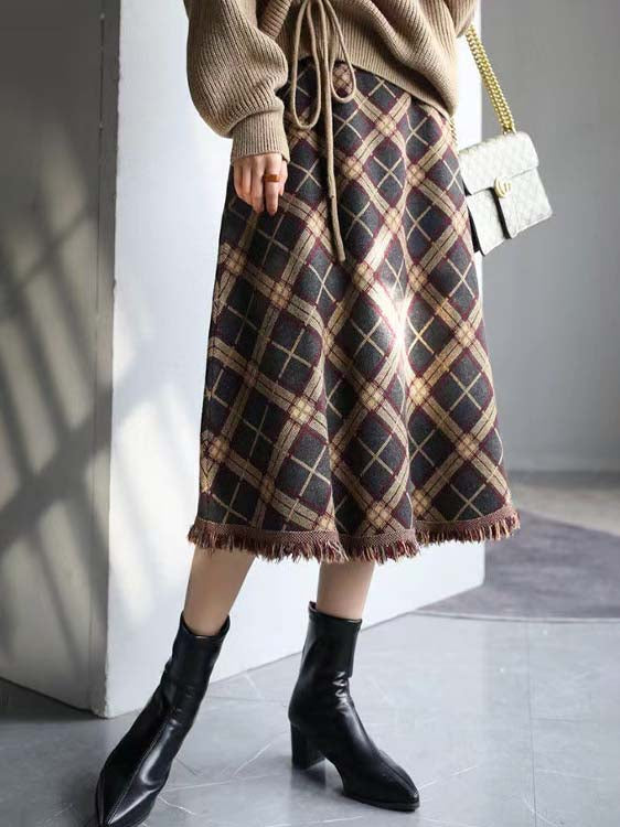 フリンジ 秋冬 厚手 レトロ チェック Aライン ハイウエスト スリム フレア スカート 上品 レディース おしゃれ 保温 快適 着心地 大人 女性 エレガント  ID2054