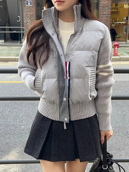 「超得！ブラックフライデー」異素材切り替え ニット ジャケット レディース 立ち襟 ショート丈 中綿入り ゆったり 暖かい カジュアル 体型カバー 秋冬 新作 ID2127