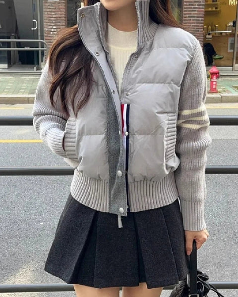 「超得！ブラックフライデー」異素材切り替え ニット ジャケット レディース 立ち襟 ショート丈 中綿入り ゆったり 暖かい カジュアル 体型カバー 秋冬 新作 ID2127