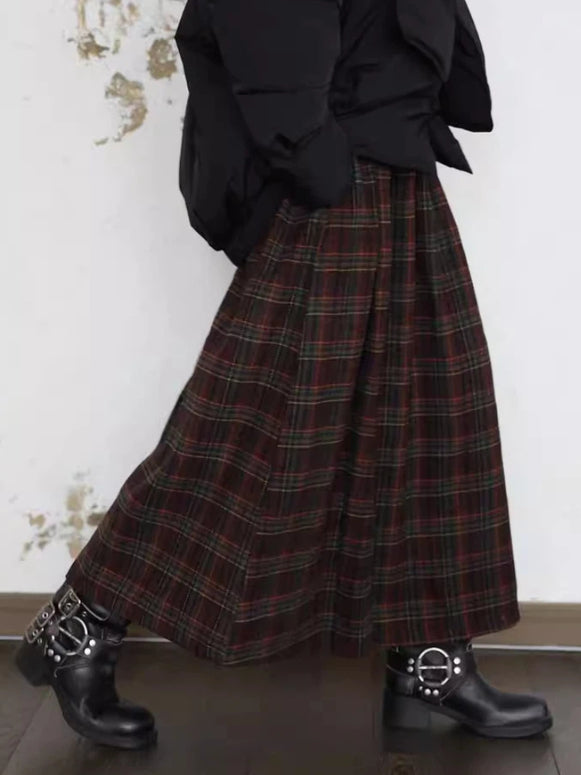 チェック柄 ウールタッチ ロングスカート レディース ハイウエスト フレアスカート 暖かい 体型カバー 上品 カジュアル 秋冬 新作 ID2057