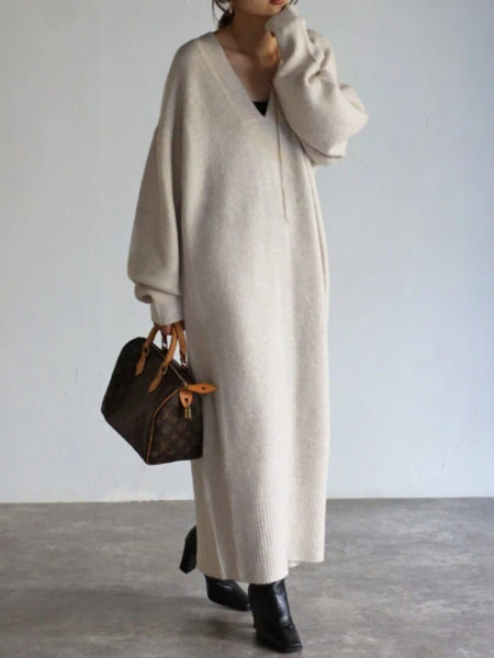 「今だけこの価格」ゆったり Vネック ロング ニットワンピース レディース 体型カバー シンプル 大人可愛い 秋冬 長袖 ロング丈 ワンピース おしゃれ 通勤 きれいめ ID2247