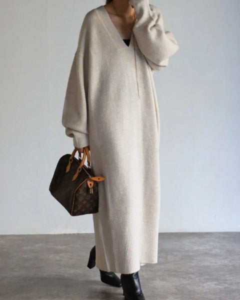 「今だけこの価格」ゆったり Vネック ロング ニットワンピース レディース 体型カバー シンプル 大人可愛い 秋冬 長袖 ロング丈 ワンピース おしゃれ 通勤 きれいめ ID2247