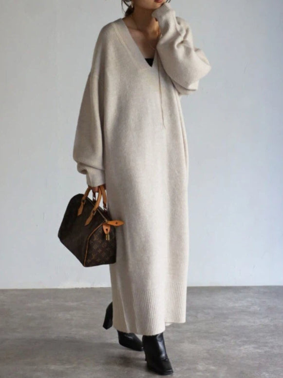 「今だけこの価格」ゆったり Vネック ロング ニットワンピース レディース 体型カバー シンプル 大人可愛い 秋冬 長袖 ロング丈 ワンピース おしゃれ 通勤 きれいめ ID2247