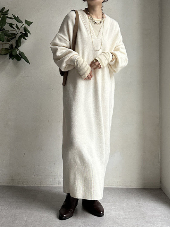Vネック ニットワンピース レディース 長袖 ロング丈 体型カバー ゆったり シンプル 上品 通勤 通学 カジュアル 秋冬新作 大人ファッション ID1829