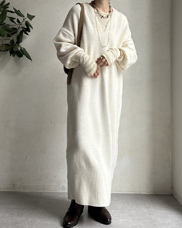 Vネック ニットワンピース レディース 長袖 ロング丈 体型カバー ゆったり シンプル 上品 通勤 通学 カジュアル 秋冬新作 大人ファッション ID1829