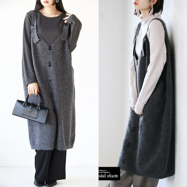 Vネック ニットジャンパースカート レディース ロング丈 ゆったり 体型カバー シンプル きれいめ 通勤 上品 レイヤードコーデ 秋冬 新作 ID2019