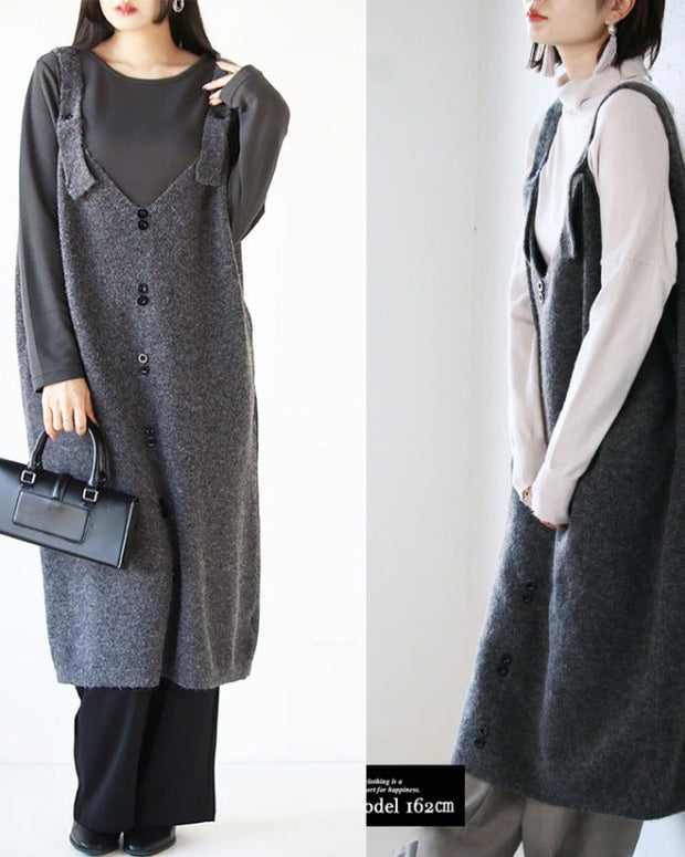 Vネック ニットジャンパースカート レディース ロング丈 ゆったり 体型カバー シンプル きれいめ 通勤 上品 レイヤードコーデ 秋冬 新作 ID2019