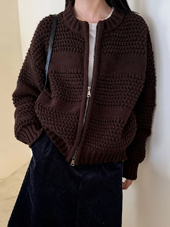 立体編み ダブルジッパー ニット カーディガン レディース ラウンドネック ゆったり シンプル おしゃれ ニットアウター 体型カバー カジュアル 通勤 秋冬コーデ 大人女子 デイリー服 ID2307