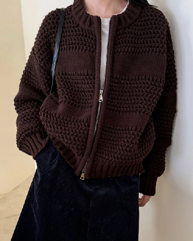 立体編み ダブルジッパー ニット カーディガン レディース ラウンドネック ゆったり シンプル おしゃれ ニットアウター 体型カバー カジュアル 通勤 秋冬コーデ 大人女子 デイリー服 ID2307