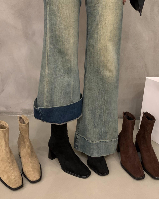 美脚効果 ショートブーツ レディース スエード調 スクエアトゥ 太ヒール 脚長 ブーツ ショート丈 おしゃれ 秋 冬 韓国風 定番 歩きやすい カジュアル 通勤 通学 3色展開 ID1780