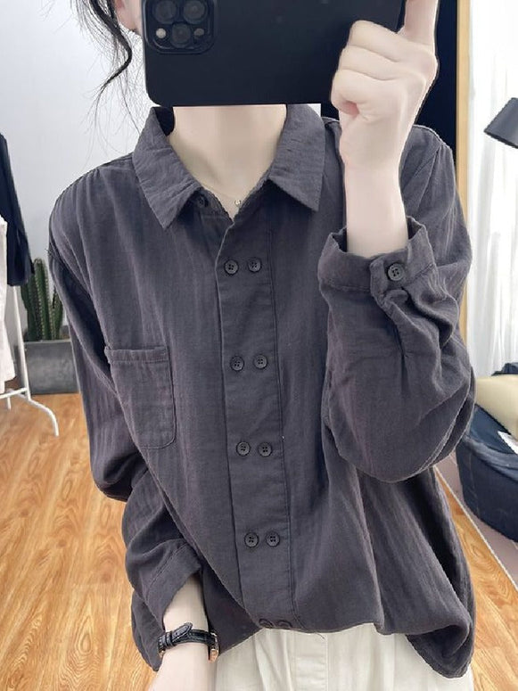 4色展開 シャツ レディース 長袖 綿麻 ダブルブレスト ポロカラー ゆったり 体型カバー シンプル 無地 インナー 通勤 カジュアル 春秋 ID1432