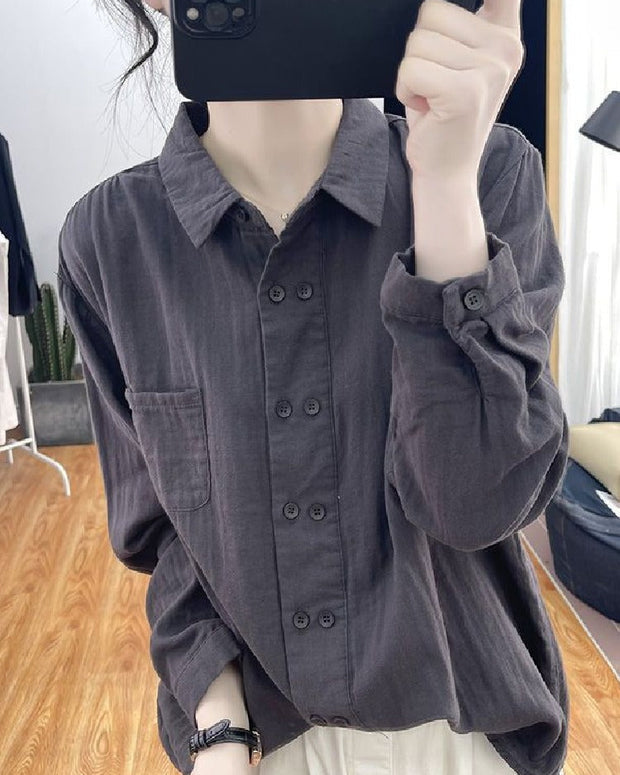 4色展開 シャツ レディース 長袖 綿麻 ダブルブレスト ポロカラー ゆったり 体型カバー シンプル 無地 インナー 通勤 カジュアル 春秋 ID1432