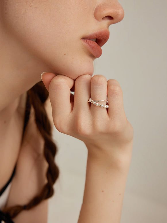 パールリング レディース シルバー S925 素銀 シンプル 上品 重ね風 2連風 デザイン 高見え アクセサリー ID1248