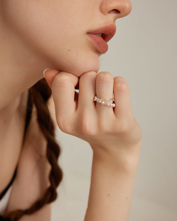 パールリング レディース シルバー S925 素銀 シンプル 上品 重ね風 2連風 デザイン 高見え アクセサリー ID1248