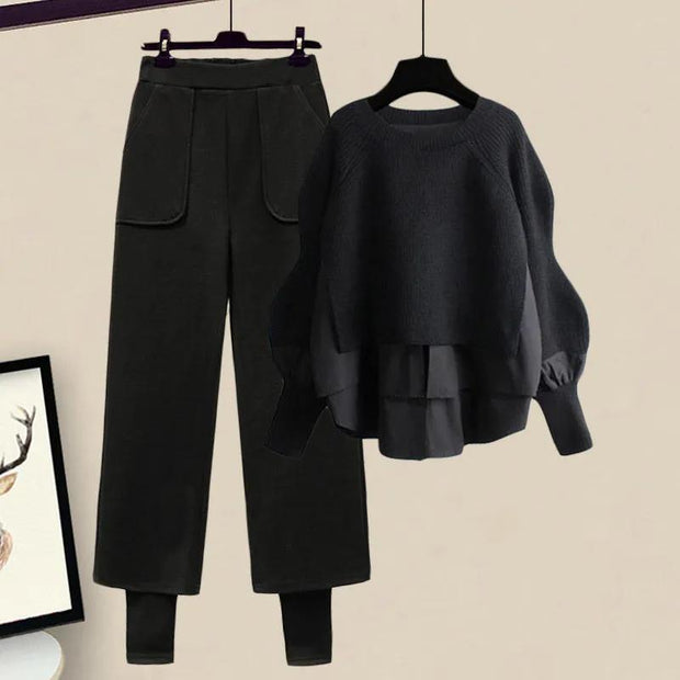 2点セット ニットトップス + ワイドパンツ レディース 体型カバー ゆったり 楽ちん おしゃれ セットアップ カジュアル デイリー 通勤 通学 秋冬 コーデ完成 上下セット ID2216