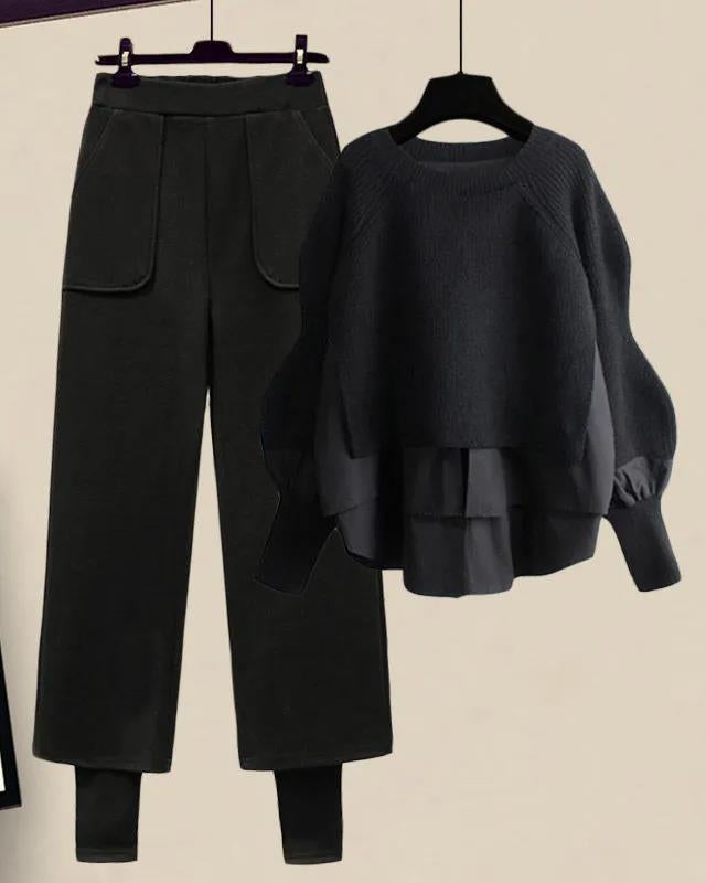 2点セット ニットトップス + ワイドパンツ レディース 体型カバー ゆったり 楽ちん おしゃれ セットアップ カジュアル デイリー 通勤 通学 秋冬 コーデ完成 上下セット ID2216