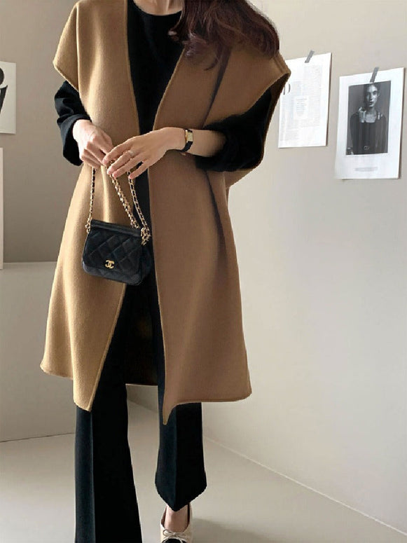 ノーカラー ベストコート レディース ウールコート ノースリーブ アウター ゆったり 体型カバー おしゃれ 大人カジュアル 上品 きれいめ 通勤 通学 秋冬 ロングジレ ID1815