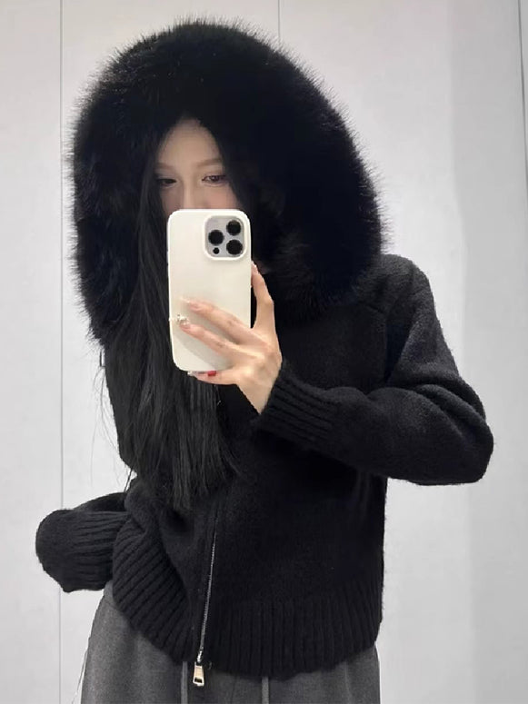 ニットカーディガン レディース フード付き ふわふわ フェイクファー 暖かい 秋冬 アウター 防寒 長袖 ジップアップ 体型カバー 大人カジュアル おしゃれ 通勤 通学 デイリーコーデ ID2225