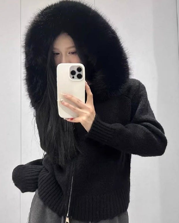 ニットカーディガン レディース フード付き ふわふわ フェイクファー 暖かい 秋冬 アウター 防寒 長袖 ジップアップ 体型カバー 大人カジュアル おしゃれ 通勤 通学 デイリーコーデ ID2225