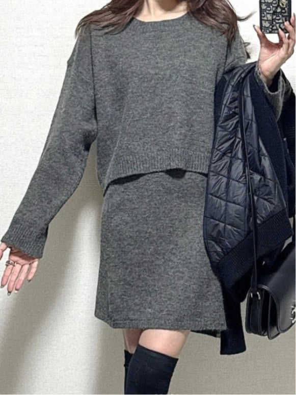 セットアップ レディース ニットトップス + ニットスカート 2点セット 長袖 無地 クルーネック シンプル カジュアル 体型カバー 上下セット おしゃれ きれいめ 秋冬コーデ 通勤 通学 デート 韓国風 ファッション ID1664