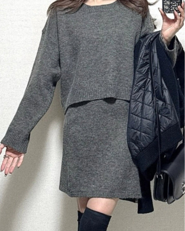 セットアップ レディース ニットトップス + ニットスカート 2点セット 長袖 無地 クルーネック シンプル カジュアル 体型カバー 上下セット おしゃれ きれいめ 秋冬コーデ 通勤 通学 デート 韓国風 ファッション ID1664