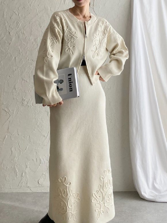 3色展開 セットアップ レディース 手工盤花 ニットカーディガン＋ロングスカート 2点セット 長袖 フェミニン エレガント おしゃれ 体型カバー デイリー 通勤 春秋冬 ID1444